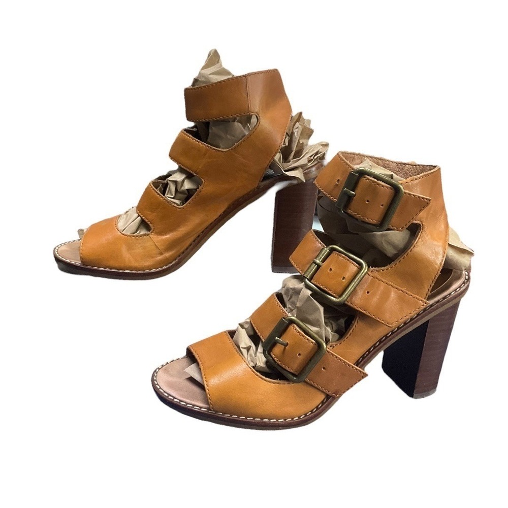 Madewell‎ Women Tan Leather Triple Buckle Gladiator Stacked Block Heel Sandals 9